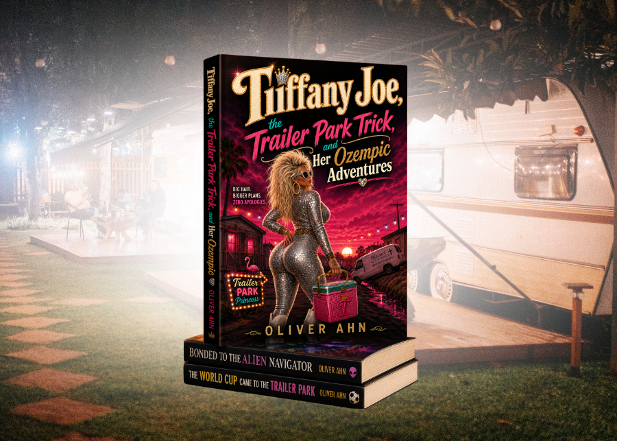 Tiffany Joe, the Trailer Park Trick, and Her Ozempic Adventures book cover by Oliver Ahn, shown in a trailer park at night