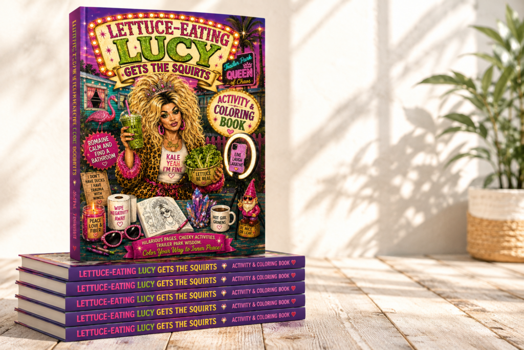 Lettuce-Eating Lucy Activity and Coloring Book paperback stacked on a table