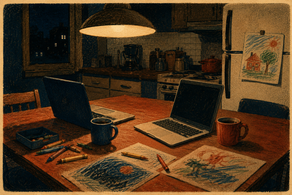 A kitchen table late at night with two laptops, two coffee mugs, crayons and coloring pages