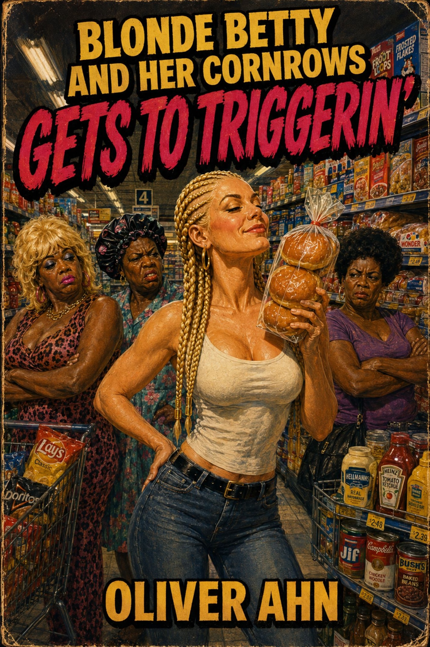 Cover of Blonde Betty and Her Cornrows Gets to Triggerin’, a satirical Southern comedy novel by Oliver Ahn