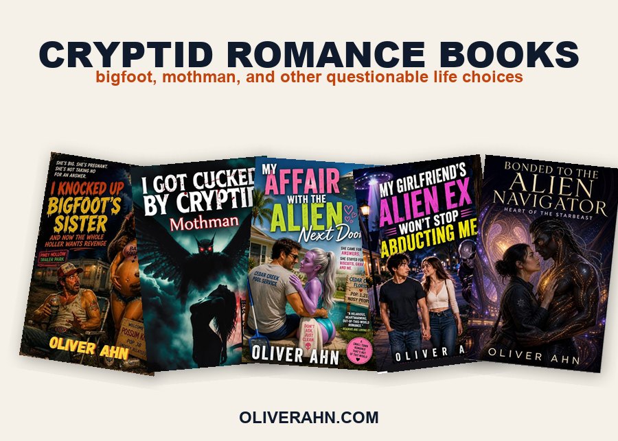 Oliver Ahn cryptid romance book covers: Bigfoot, Mothman and alien romances