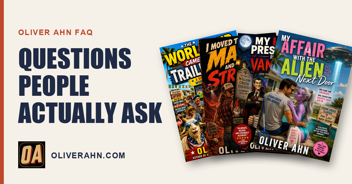 Oliver Ahn book covers fanned out beside the words Questions People Actually Ask