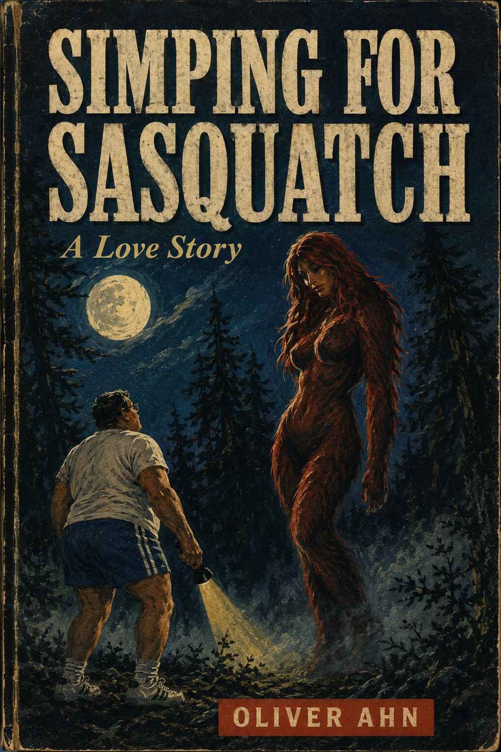 Cover of Simping for Sasquatch: A Love Story, a dark comedy cryptid romance novel by Oliver Ahn