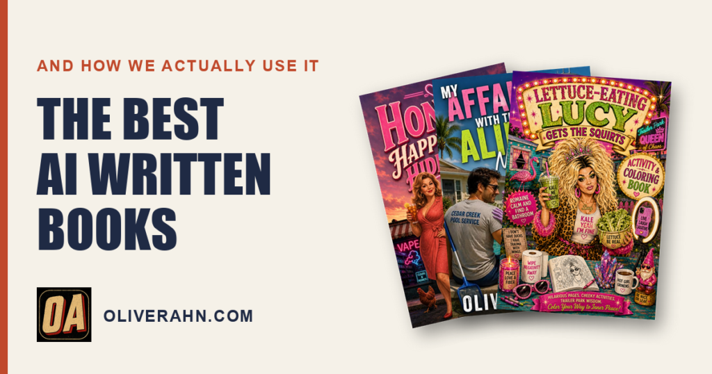 The best AI written books, covers of Lettuce-Eating Lucy Gets the Squirts colouring book, My Affair With the Alien Next Door and Honey’s Happy Ending Hide-A-Way