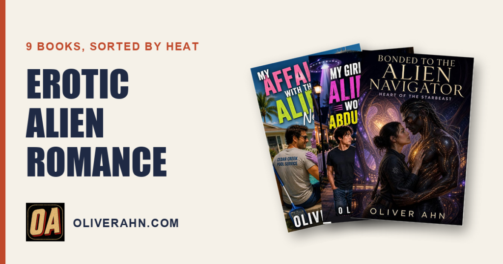 Erotic alien romance books, covers of Bonded to the Alien Navigator, My Affair With the Alien Next Door and My Girlfriend’s Alien Ex Won’t Stop Abducting Me