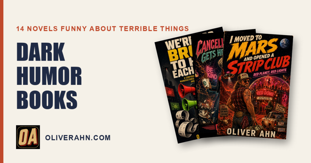 Dark humor books, covers of I Moved to Mars and Opened a Strip Club, Cancelled Karen Gets Her Revenge and We Are Too Broke to Hate Each Other