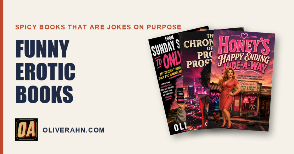 Funny erotic books, covers of Honey’s Happy Ending Hide-A-Way, The Chronicles of a Proud Prostitute and From Sunday School to OnlyFans