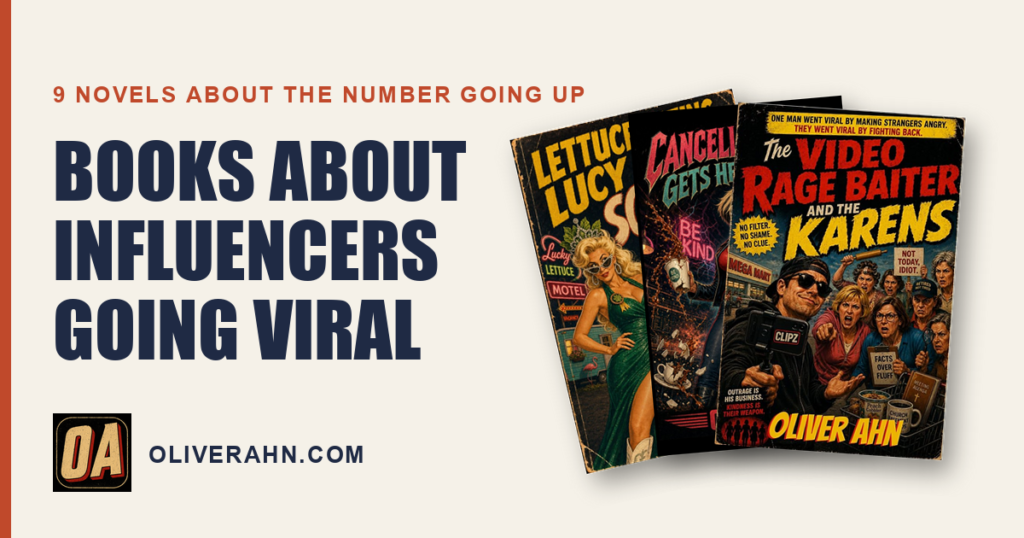 Books about influencers going viral, covers of Lettuce-Eating Lucy Gets the Squirts, Cancelled Karen Gets Her Revenge and The Video Rage Baiter and the Karens