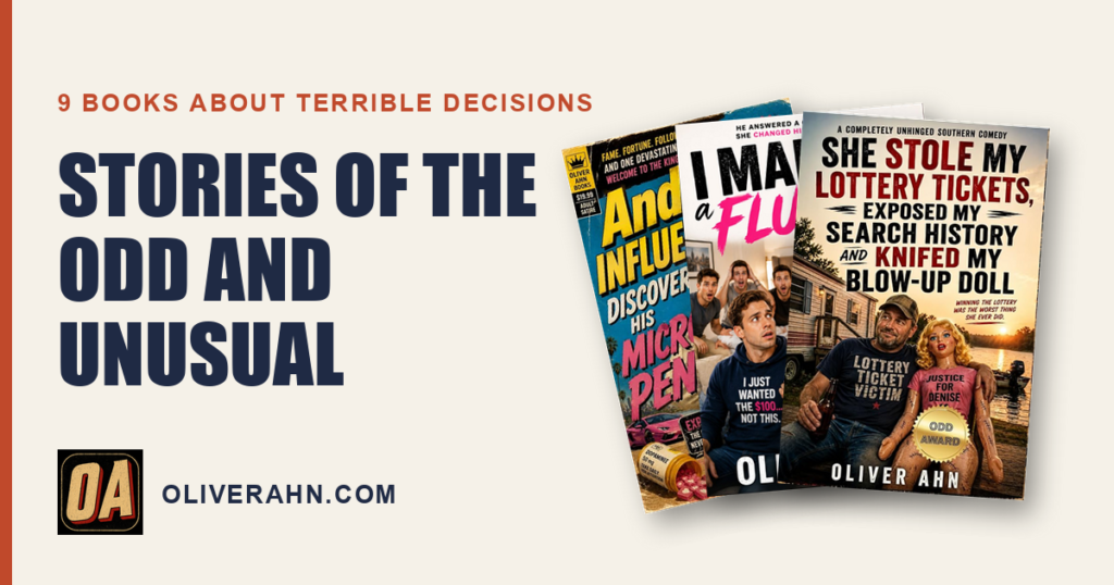 Stories of the odd and unusual, covers of She Stole My Lottery Tickets, I Married a Fluffer Girl and Andy the Influencer Discovers His Micro Penis