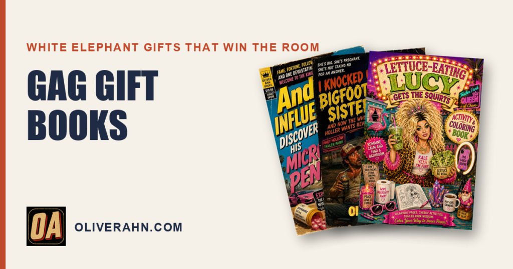 Gag gift books: Andy the Influencer, I Knocked Up Bigfoot's Sister and the Lettuce-Eating Lucy coloring book